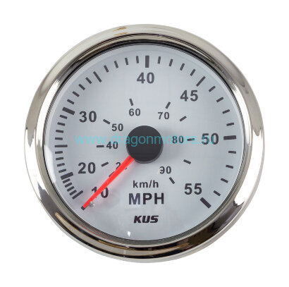 Спидометр манометрический 0-55 MPH, белый циферблат, нержавеющий ободок, д. 85 мм - Tainor