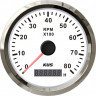 Тахометр 0-8000 об/мин со счетчиком моточасов делитель 1-10, белый циферблат, нержавеющий ободок, д. 85 мм