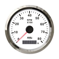 Тахометр 0-8000 об/мин со счетчиком моточасов делитель 0.5-250, белый циферблат, нержавеющий ободок, д. 85 мм