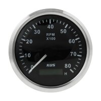 Тахометр 0-8000 об/мин со счетчиком моточасов делитель 0.5-250, черный циферблат, нержавеющий ободок, д. 85 мм
